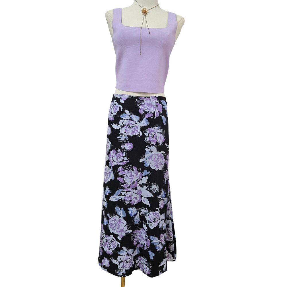 Vtg 90s Y2K Boho Whimsigoth Soft Grunge Romantic Goth Dark Floral Midi Skirt 10